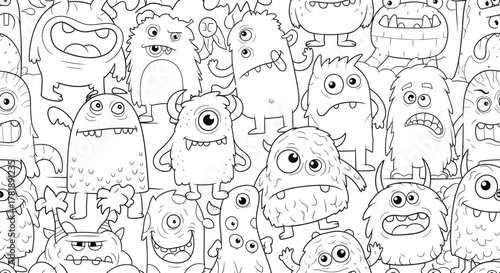 Delightful doodle monsters create a fun, whimsical pattern for kids coloring books