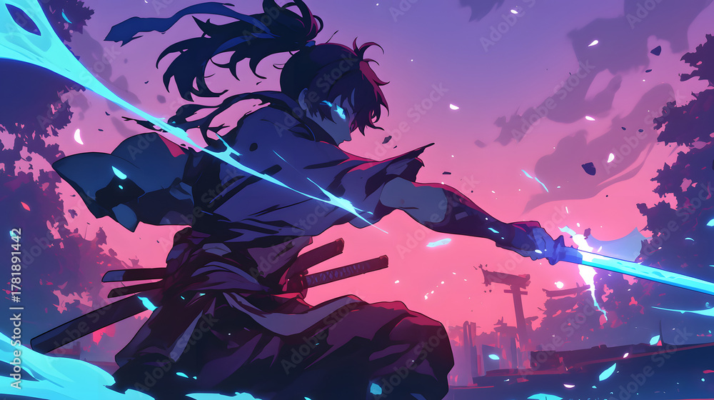 Fototapeta premium anime ninja shonen battle dark urban night