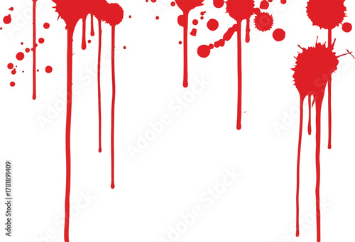 Red paint drips and splatters against a white background create a macabre abstract effect