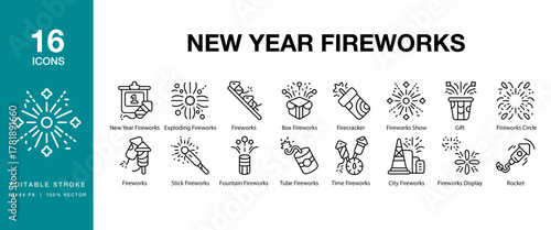 New Year Fireworks icon set. Includes newyear, fireworks, celebration, festive, countdown and More. Editable Stroke Icon Collection.