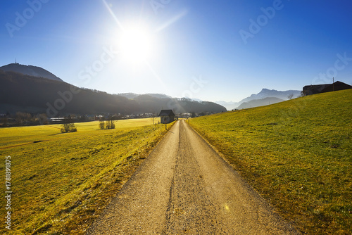 Scenic rural road stretches through vibrant green fields under a bright sun, leading towards distant mountains and clear blue sky, evoking tranquility