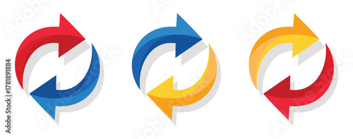 Three circular two-way arrows in different color combinations representing recycling, exchange, rotation, refresh, or flow