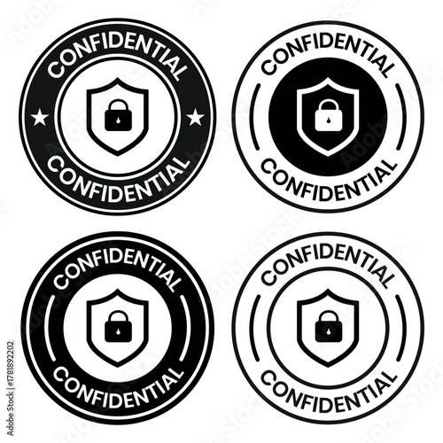 Confidential label set. Confidential stamp badge, top secret label, confidential seal, security sign, private information sticker, confidential logo, secret mark, classified confidential stamp design.
