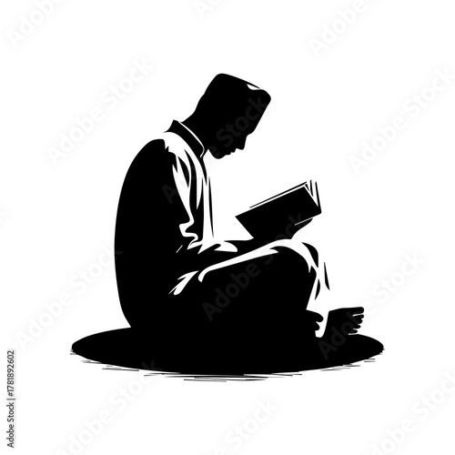 Muslim Reading Quran Silhouette Vector Illustration Black and White, Islamic People Sitting and Reading Holy Book, Man and Woman Worship, Religion and Faith Concept Line Art