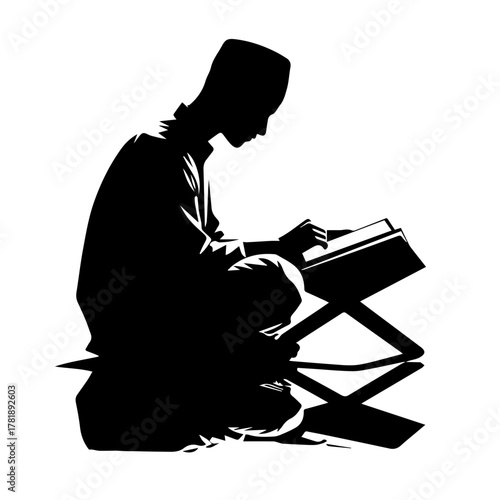 Muslim Reading Quran Silhouette Vector Illustration Black and White, Islamic People Sitting and Reading Holy Book, Man and Woman Worship, Religion and Faith Concept Line Art