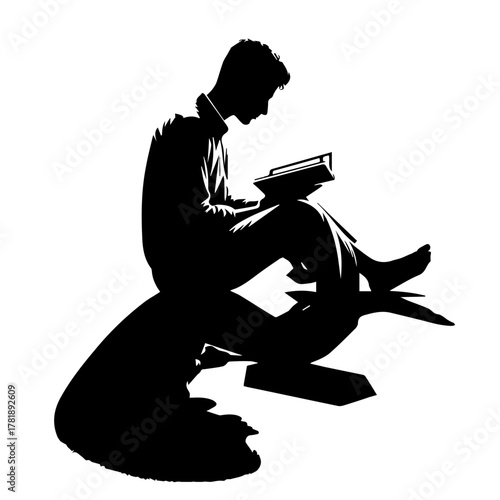 Muslim Reading Quran Silhouette Vector Illustration Black and White, Islamic People Sitting and Reading Holy Book, Man and Woman Worship, Religion and Faith Concept Line Art