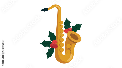 Melody of the Season: A golden saxophone, adorned with festive holly and berries, hints at musical cheer, and the spirit of holiday celebration. 