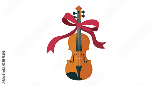 Violin Adorned with Ribbon: A beautifully crafted violin, accentuated by a delicate red ribbon, exudes an aura of music and festivity, symbolizing the joy of melody.