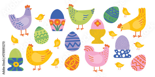 Vector colored hens, chickens and hen, beautiful colored Easter eggs. Doodle illustration isolated on white background. Set of bright birds for Easter, decor, invitation, cards