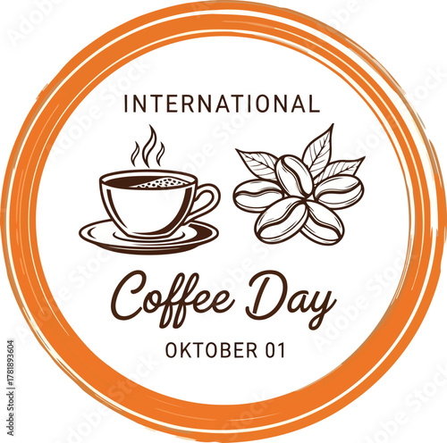 International coffee day badge with cup and beans isolated on white background