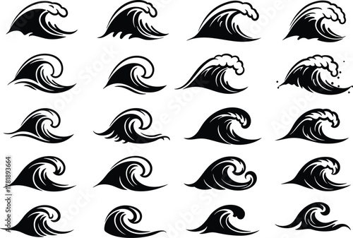 Set of stylized ocean wave silhouettes in black, perfect for surf logos, tattoo designs, water symbols, and tropical beach themes. Black wave silhouette vector collection for surf and ocean design

