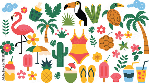Bright tropical summer vector set with flamingo, palm trees, drinks and beach icons,Colorful summer-themed vector collection featuring flamingos, palm trees, swimsuits, drinks, tropical fruits
