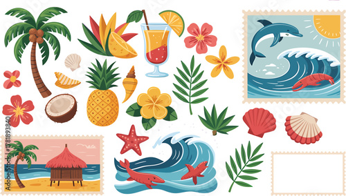 Tropical vacation clipart set with beach, fruits, and sea animals,, Colorful collection of tropical-themed clipart including palm trees, cocktails, flowers, fruits, ocean waves, dolphins, and beach 