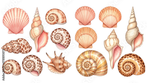 A beautiful collection of various hand-drawn seashells in pink, orange, and brown tones on a transparent background.