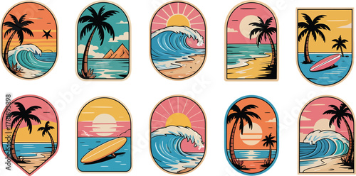 Vintage-style beach and surf scene illustrations with sunsets, waves, and palm trees in colorful retro badge frames for summer designs. Retro beach badge collection with waves and palm trees

