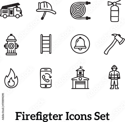Firefighter Line Icon Set – Emergency Tools & Safety Symbols