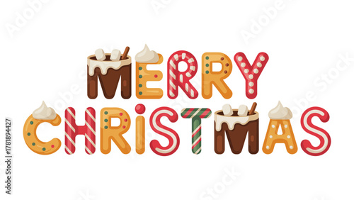 Festive Christmas Typography: A cheerful design spells out Merry Christmas with delightful, stylized letters resembling gingerbread cookies, candies, and sweet treats. 