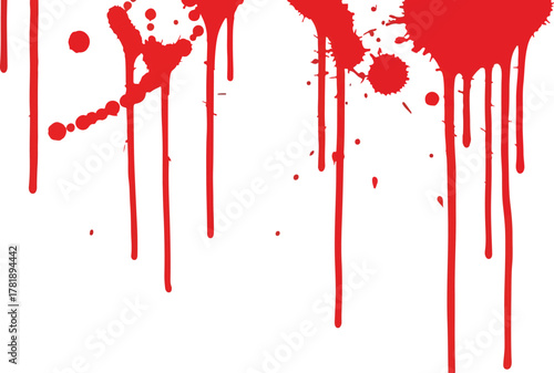 Red paint drips  splatters are on a white backdrop creating a dynamic abstract design