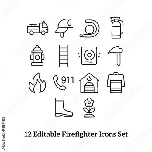 Modern Firefighter Line Icon Set – Emergency & Rescue Symbols