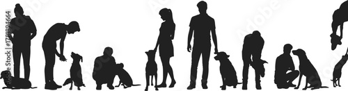 Silhouette group of people training obedient dogs outdoors, pet behavior commands, canine interaction, animal companionship, dog obedience practice, lifestyle concept illustration