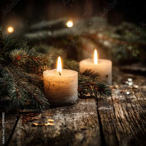 Wallpaper Mural Cozy holiday scene with lit candles placed among fresh pine and fir branches on a rustic wooden surface. High quality photo Torontodigital.ca