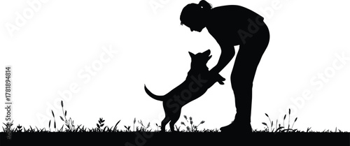 Woman playing with dog silhouette outdoors, pet training interaction scene, friendly animal companionship in nature, grass field illustration graphic