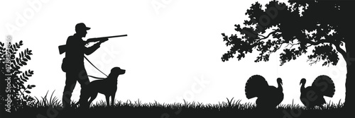 Hunter with dog silhouette aiming at wild turkeys, outdoor hunting scene under tree, wildlife illustration, countryside forest landscape graphic artwork