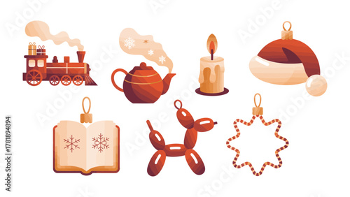Festive Icons: A delightful assortment of seasonal icons, including a whimsical steam train, a cozy teapot, a flickering candle, a charming Santa hat, a classic book, a playful balloon animal.
