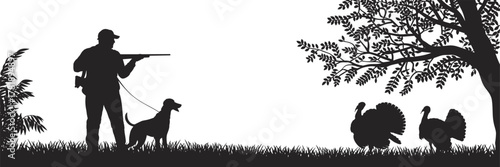 Hunter with dog silhouette in nature, wild turkey hunting scene under tree, outdoor wildlife illustration, forest countryside landscape graphic