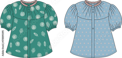 Cute girls blouse fashion flat sketch, short puff sleeve dress design, floral and polka pattern, children apparel illustration, garment template, trendy clothing