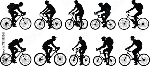 Silhouette vector illustration of cyclists riding bicycles with backpacks, commuter bike transportation activity, healthy lifestyle fitness sport artwork for design projects, urban travel