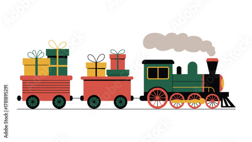 Festive Train with Gift Boxes: A whimsical train steams along, its carriages laden with beautifully wrapped gift boxes, evoking the spirit of giving and joyful anticipation. 