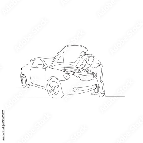 Continuous one line drawing of a mechanic repairing a car with the hood open. Minimalist automobile service and maintenance concept. Single line art vector illustration.
