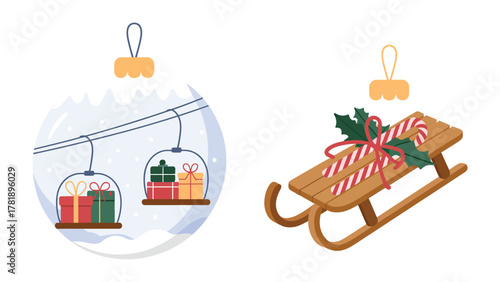 Christmas Ornament Wonderland: A festive array of Christmas ornaments, each a miniature world of holiday cheer, from a snow globe-like scene of a ski lift carrying gifts.