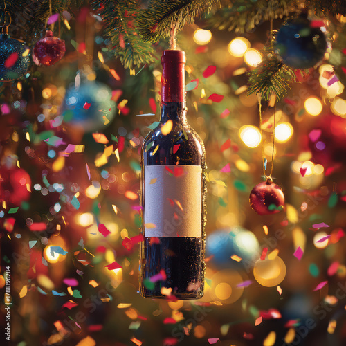 Wallpaper Mural Wine bottle hanging like a Christmas ornament on a decorated tree, colorful baubles and confetti around. High quality photo Torontodigital.ca