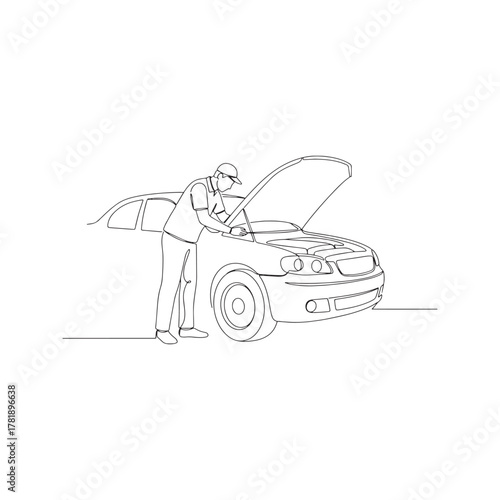 Continuous one line drawing of a mechanic repairing a car with the hood open. Minimalist automobile service and maintenance concept. Single line art vector illustration.

