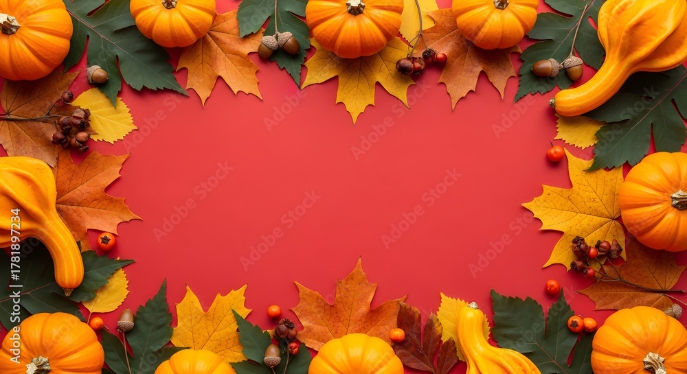 Obraz premium Red background with a decorative frame of pumpkins and bright autumn leaves. Perfect for Thanksgiving banners, harvest invitations, or seasonal/Halloween cards with copy space.