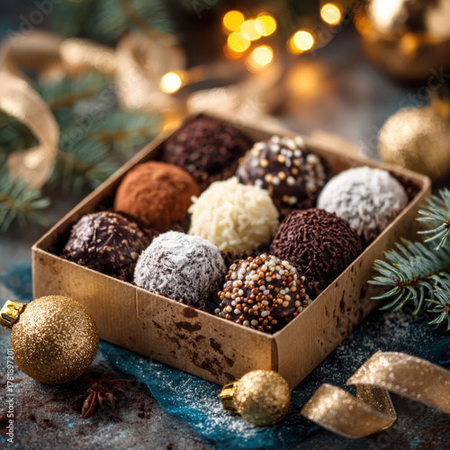 Wallpaper Mural Close-up top view of luxurious chocolate truffles arranged in an elegant gift box. High quality photo Torontodigital.ca