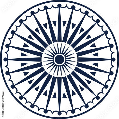 ashoka chakra with twenty four spokes and decorative border in symmetrical circular design