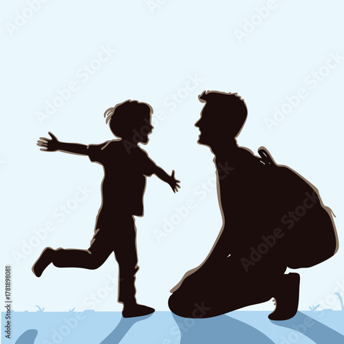 Father’s day silhouette of a child reaching out to hug his beloved father