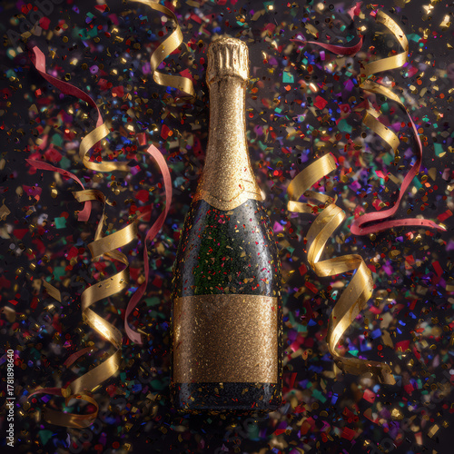 Wallpaper Mural Close-up of a champagne bottle mockup, top view, surrounded by colorful confetti and sparkling ribbons, festive golden bokeh in background. High quality photo Torontodigital.ca