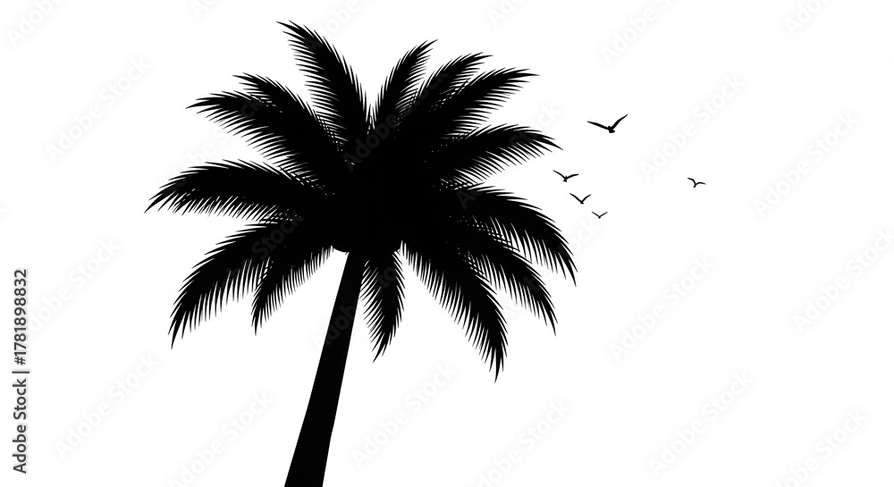 Obraz premium Silhouette of a palm tree with birds flying in the background.