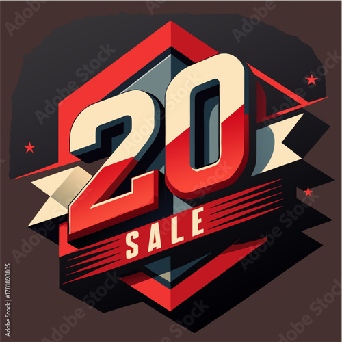 Geometric graphic in reds and blacks advertises "20% OFF." The image looks like a stylized explosion to draw attention to the offer.

