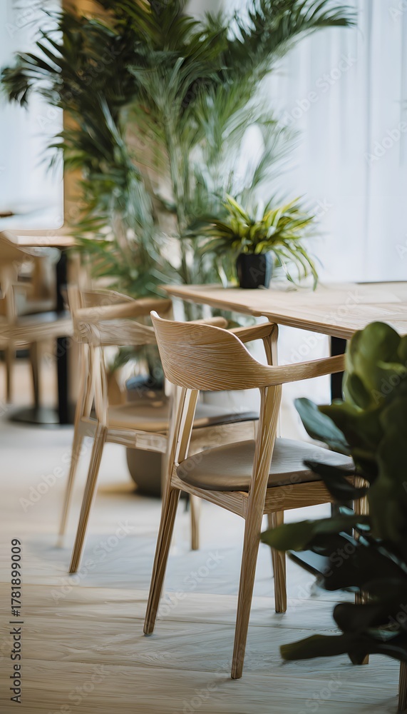 Obraz premium Serene modern dining room design featuring wooden chairs plants soft light creates a tranquil sophisticated atmosphere