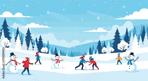 Children joyfully playing in a snowy winter landscape with snowmen.