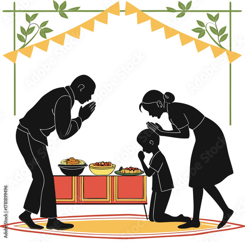 family performing prayer ritual with food offerings garlands and vines in peaceful cultural scene