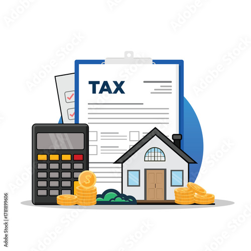 Home Taxes concept and Finances. Residential house with tax documents, personal housing tax, business with housing, money, and tax documents. 