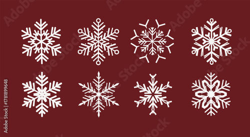 Collection of eight intricate white snowflakes with unique crystalline patterns.