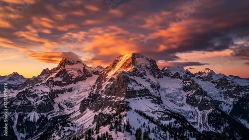 Majestic mountain peaks with fast-moving clouds at sunset, creating dramatic light and shadow epic, serene, backdrop