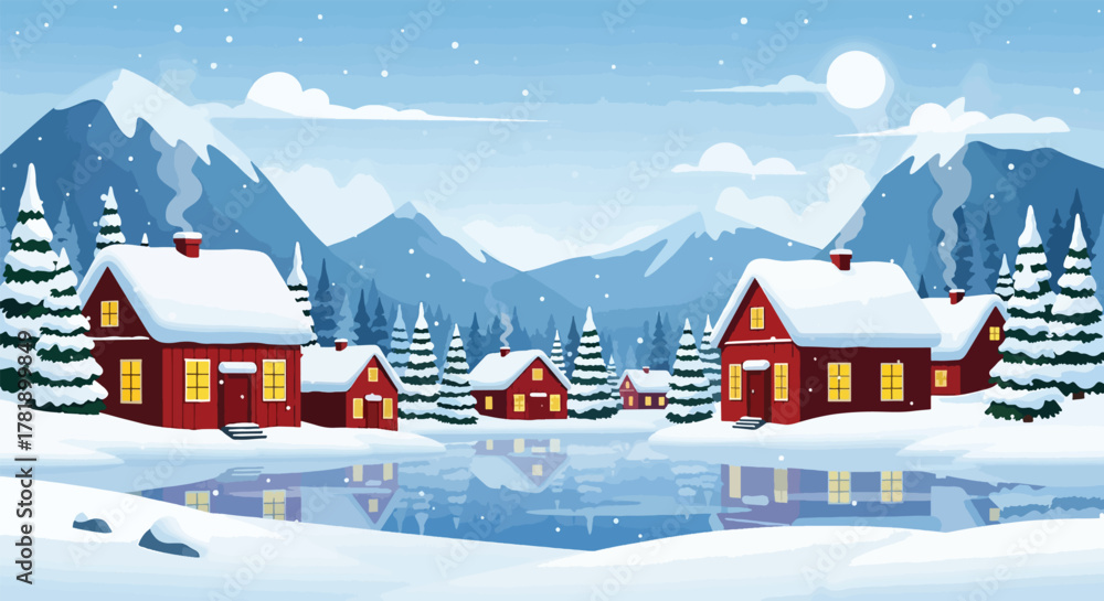 Naklejka premium Cozy Snow-Covered Village Nestled Amongst Majestic Mountains.